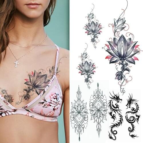 Minimalist Lotus Fake Temporary Tattoos For Women Girls 3D Skewers Flower Tattoo Sticker Black Dragon Water Transfer Tatoo Waist