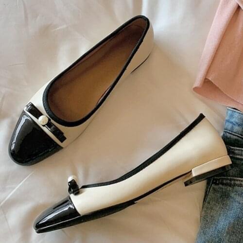 Womens genuine leather black toe patchwork slip-on flats round toe bow tie beaing decoration casual moccasins sweet casual shoe