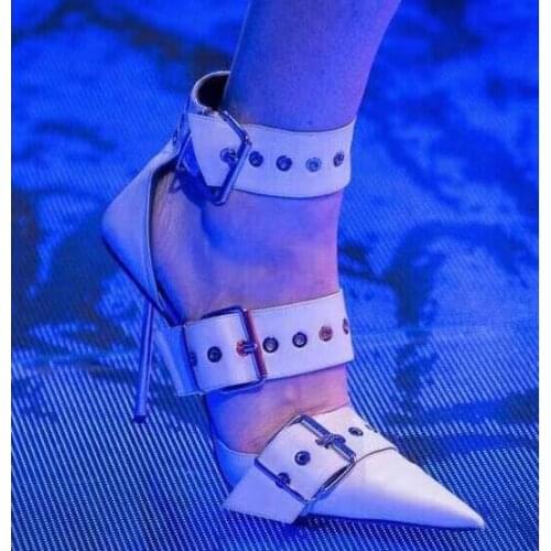 Moraima Snc Sexy Poitned Toe high Heel Sandal for Woman Black Leather Buckle Strap Thin Heels Shoes Runway Cutouts Dress Heels