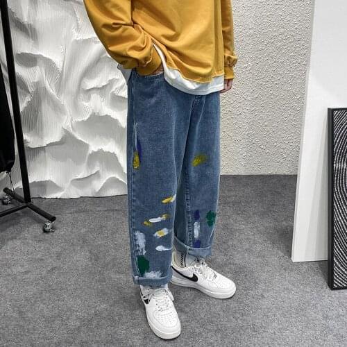 Men Graffiti Jeans New Straight Jean Pants Blue Denim Pants Man Casual Baggy Neutral Denim Ankle-length Mens and Womens Pants