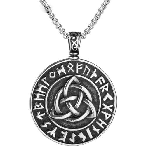 Retro Viking Futhark Runes Nordic Triangle Symbol Round Pendant Necklace For Men Stainless Steel Vintage Male Jewelry