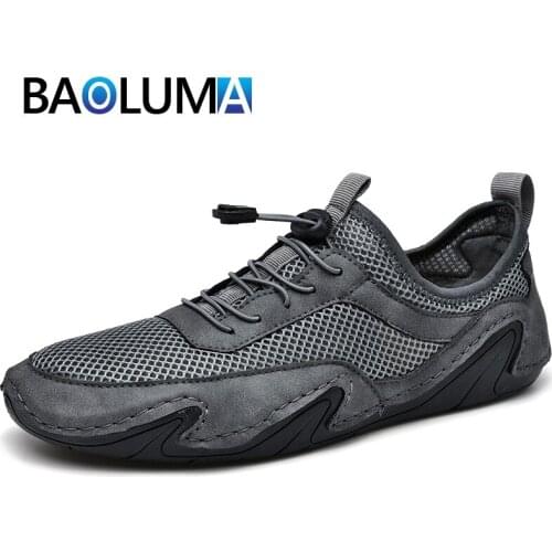 New Summer Mens Casual Shoes Genuine Leather Mesh Breathable Mens Sneakers Leather Outdoor Mens Moccasins Plus Size Hot Sale