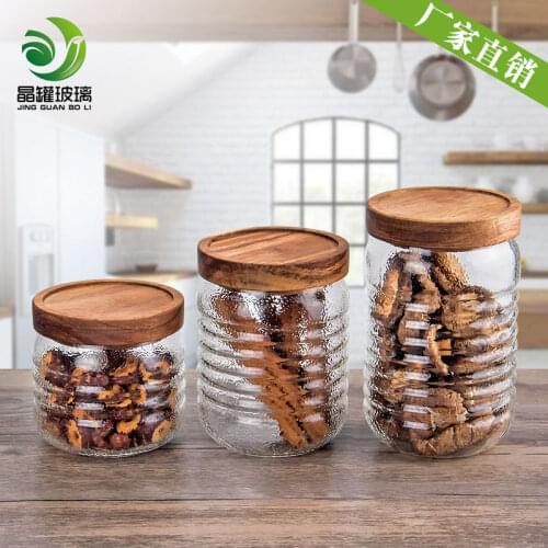 New hammer glass jar acacia wood cover striped candy jar tea jar kitchen storage jar high boron silicon glass bottle