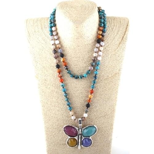 New ! 108 Beads Mala Multi Stone Knotted Butterfly Charm Pendant Necklace Women Meditation Yoga Necklace