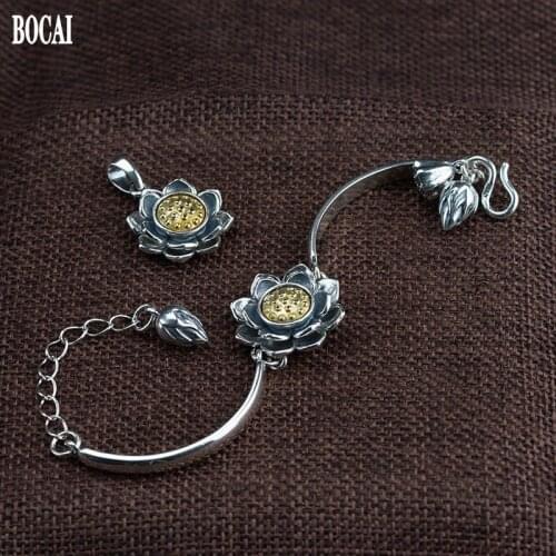 BOCAI New real S925 pure silver jewelry Thai silver craft pendant/bracelet set lotus rotating Woman bracelet