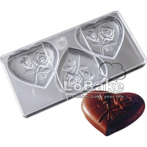 New 3 cavities big heart Shape with rose flower designs polycarbonate chocolate mold pastry baking gadgets for DIY cakes tools