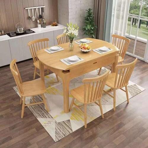 Nordic style solid wood dining table and chair combination round table folding simple log small family multi-functional telescop