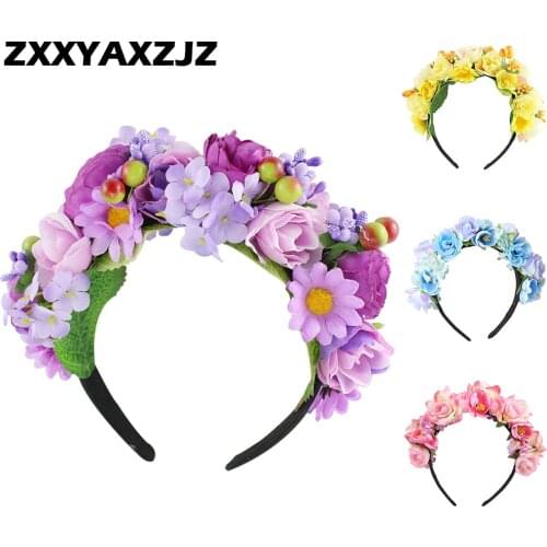 New Women girls Newest Wedding Headband Kids Party Floral garlands with Ribbon flower crown Rose Wreath hairband