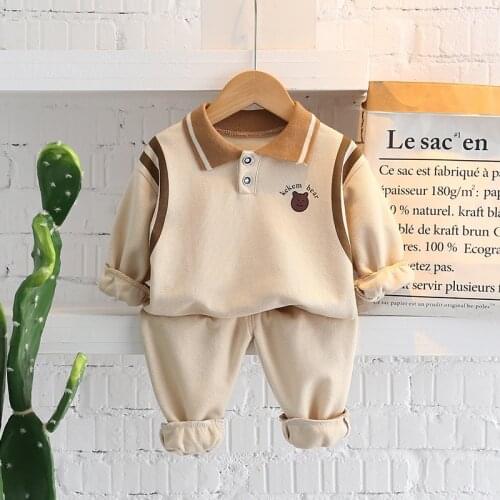 2021 autumn new childrens cute cartoon bear long-sleeved suit boys and girls lapel sweater sports suit baby cute two-piece suit