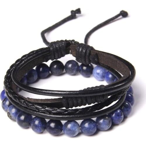2PCS/Set Braided Bracelet Natural Stone Leather Wrap Bracelets For Men Vintage Goth Lava Stone Energy Wristband Bangles Punk