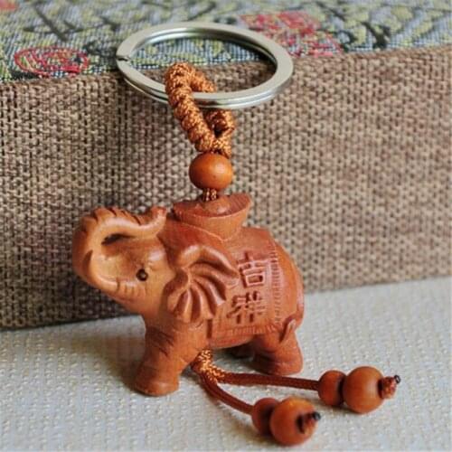 Lucky Wooden Elephant Pendant Keychain Religion Chain Car Key Ring Keyring Jewelry