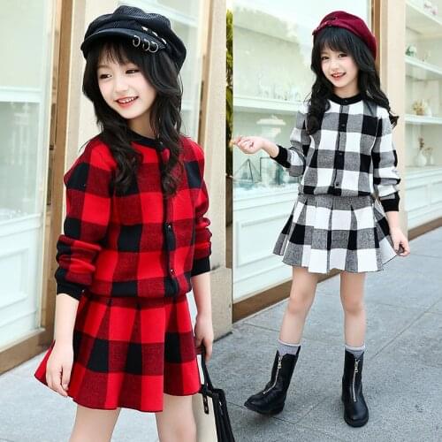 2019 Autumn Girls Sweater Clothing Set Children Coats Skirt 2pcs Clothes Set Kids Teens Plaid Cardigan Princess Costume