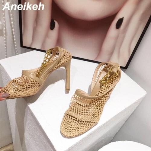 Aneikeh Sexy Mesh High Heels Pumps Summer Point Toe Women Shoes Solid Fashion Metal Chain Slip-On Thin Heel Female Sandals Pumps