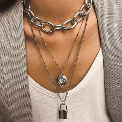 European and American exaggerated metal punk chain necklace female simple lock multi-layer long necklace