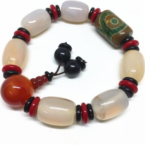 High Quality Green Three Eyes Dzi Beads Amulet with White Agate Stone Tibetan Dzi Beads Bracelet for Men & Women Fine Jewelry