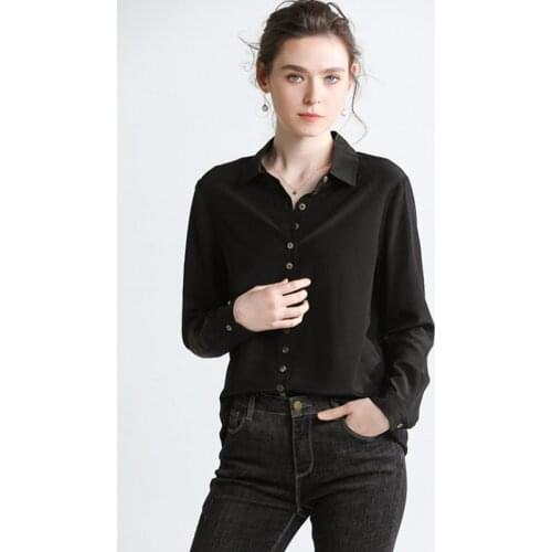 New style 100% real silk lady shirt 14mm mulberry silk overshirt female solid color black long sleeve blouse woman bottoming top