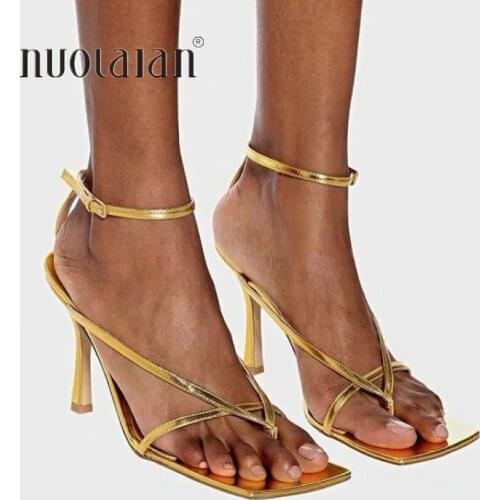2020 Summer New Fashion Pinch Narrow Band Women Gladiator Sandal Shoes Ladies Square Open Toe Ankle Buckle Strap Stiletto Heels