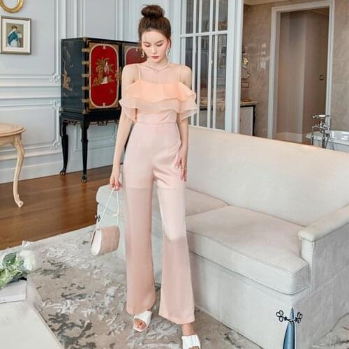 Fashion Summer Casual Vintage Sexy Strap Long Jumpsuits Women Elegant Pink Sleeveless Ruffle High Waist Party Straight Rompers
