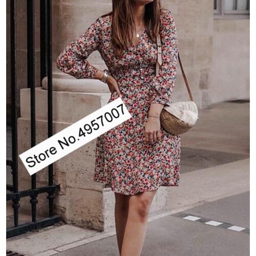 Elfbop Ladies 100% Viscose V Neckline Buttoned & Ruffled Detail Floral Printing Short Dress