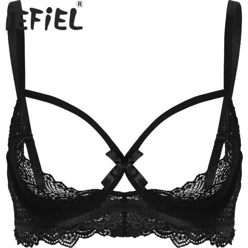 Womens Sexy Lingerie Exotic Open Exposed Bras Sissy Femme Sexy Nightwear Lace Nipple Split Bralette Wire-free Unlined Bra Top