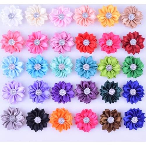100pcs/lot 1.5" DIY Satin Ribbon Flower With Pearl Center Multilayers Satin Fabric Flower kids Girls Child Hair Accessories