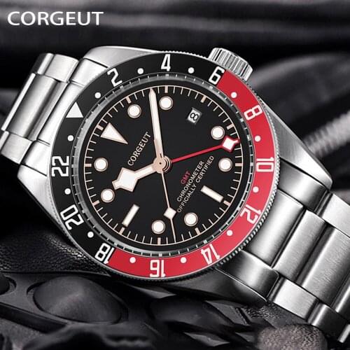 CORGEUT Top Brand Luxury Mens Watches 10ATM Waterproof Stainless Steel Watch Mechanical Men GMT Calendar Business Wristwatch