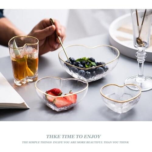 Nordic Home Tablewares Heart Shape Glass Salad Bowl With Golden Edge Glass Dessert Bowl Fruit Bowl miski kuchenne