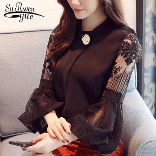 2021 Fashion Chiffon Womens Clothing Lantern Long Sleeve Black Women Blouse Shirt Sweet Stand Neck Feminine Tops Blusas D79 30
