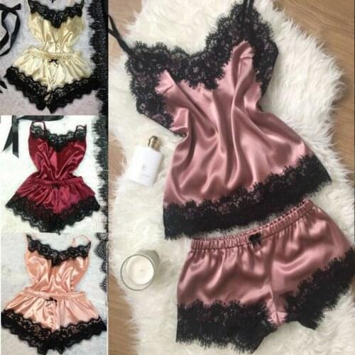 New Fashion 2PCS Womens Lace Silk Sleepwear Sissy Sexy Babydoll Nightdress Lingerie Pajamas