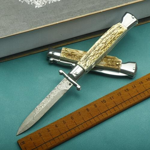 Mafia AKC Damascus steel sharp folding knife antlers outdoor portable self-defense knife EDC camping survival hunting knife