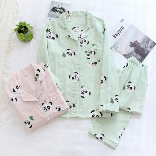 Spring/ Autumn Pajamas for Women Pure Cotton Gauze Cute Panda Long Sleeve Trousers Ladies Sleepwear Set Loose Comfy Home Wear