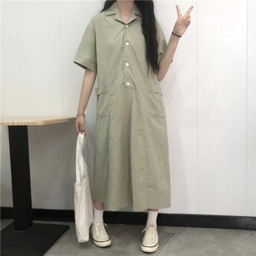 Japanese Harajuku Style Notched Dress For Women Summer Retro Waist And Loose Waist Dresses Sweet Girl Cotton Female Vestidos