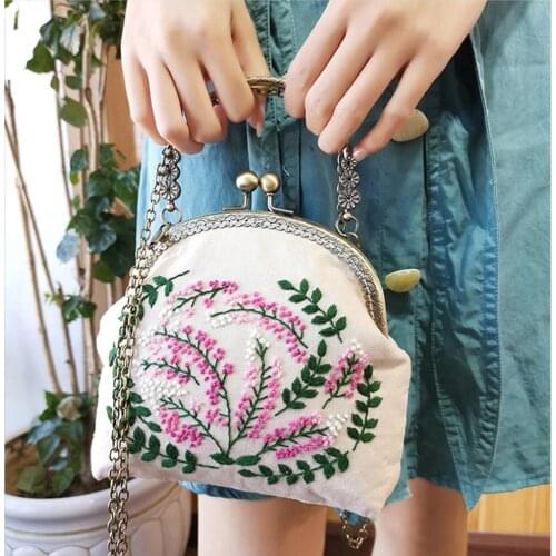 Handcraft DIY Embroidery Cross Stitch Kit Needlework Purse Hand Bag Handbag Package Bag Decor with Handle and Sling Chain