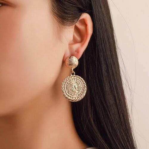 Metallic Portrait Human Face Round Ancient Coins Rose Gold Silver Plated Golden Women Alloy Dangle Drop Earrings