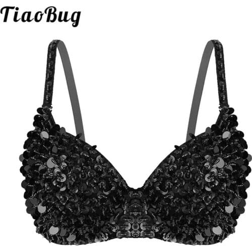 TiaoBug Women Adjustable Straps Shiny Sequins Beading Padded Bra Tops Festival Rave Performance Club Wear Belly Dance Costume