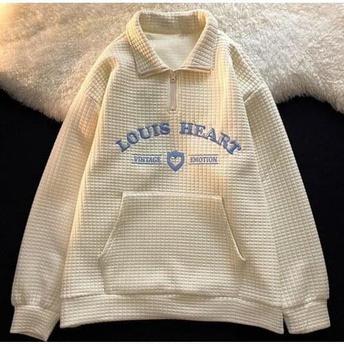 Lapel Sweatshirt Women Waffle Pullover Letter Embroidery Harajuku Streetwear Oversize Tops Girls Loose Long Sleeve Zip up Hoody