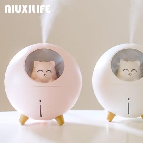 NIUXILIFE 220ml Cat Air Humidifier Planet Ultrasonic Mist Aroma Air Oil Diffuser Romantic Color LED Lamp USB Humidificador