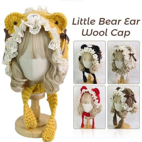 Japanese Cute Bear Ears Woolen Hat Lolita Girl Cat Ear Lace Trim Sweet Handmade Knitted Hat Mori Girl Warm Cap Kawaii Hat