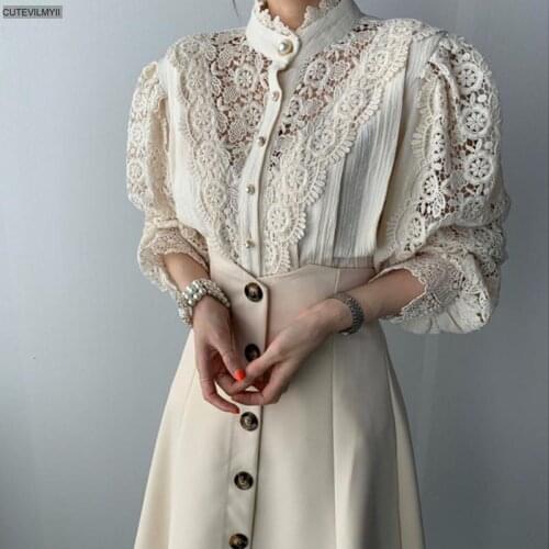 2020 Autumn Sweet Chic Stand Hollow Out Patchwork Lace OL Office Lady Soft Casual Warm All-Match Stylish Blouses