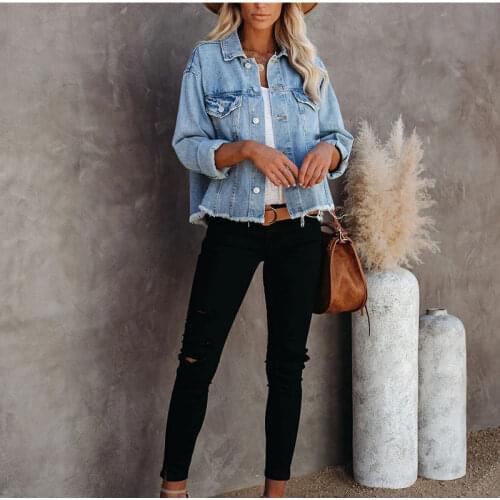 Plus Size Loose Short 2021 Denim Jackets Vintage Tassel Long Sleeve Jeans Jacket Oversized Frayed Coats