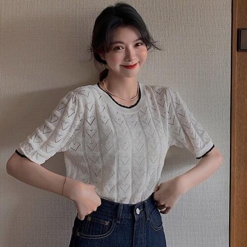 Women Summer T-Shirts Round Neck Hollow Loose Short Sleeve White Ladies Preppy Style T-shirts