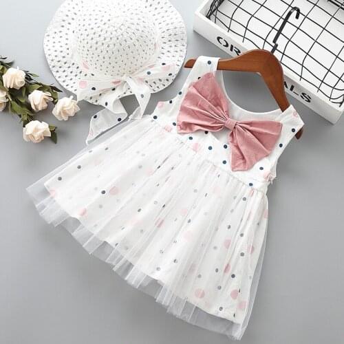 0-5 years High quality girl dress 2019 new summer fashion bow Dot kid children baby girl clothing party princess dress with hat