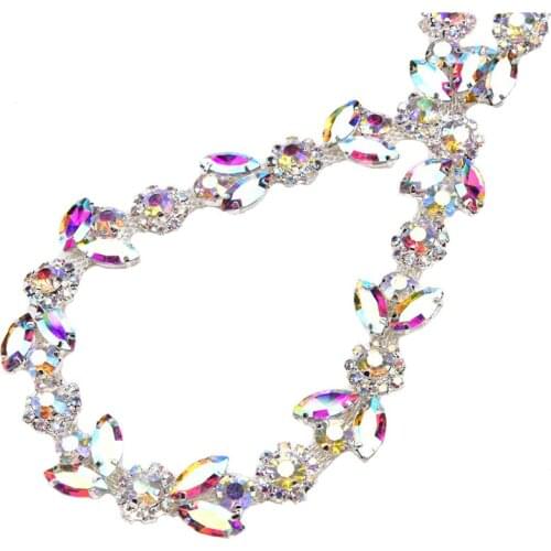 1 Yard Ab Color Glass Crystal Chain Leaves Rhinestone Flower Trim Diy Decoration Wedding Dress Accessories Shoes Party Handwear