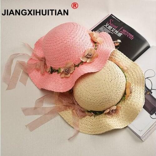 2017 summer Hot Cute Flower Decorate women Baby Girls Children Hats Sun Beach Caps For Summer 4 Colors For Choose Beach hat