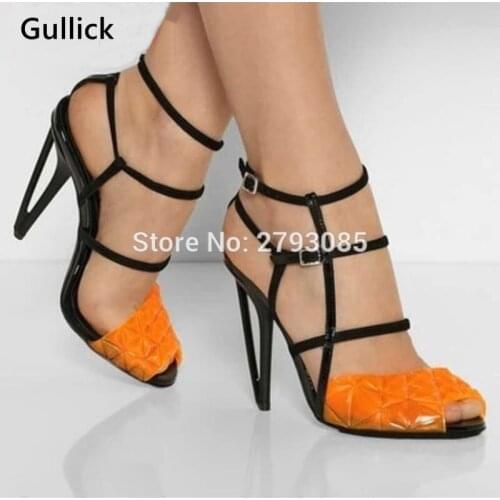 Fashion Extreme Narrow Band Gladiator Thin High Heels Shoes Women Ankle Buckle Peep Toe Yellow Summer Strange Heel Sexy Sandals