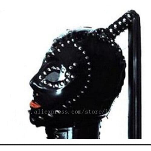 Black Natural Latex Hood with Pigtail Custom-made Sexy Women Rubber Mask with Latex Wig