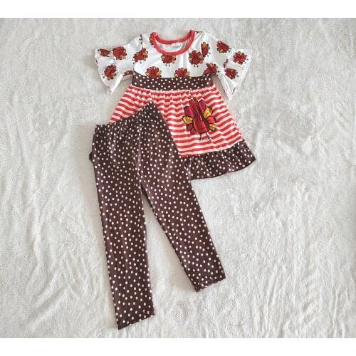 Kids fall fashion outfit little girls thanksgiving day clothing set girl cute turkey pattern top and pants set
