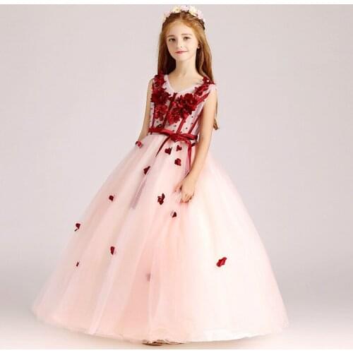 Flower Girl Dresses Sleeveless Appliques Embroidery Sashes V-Neck Princess Floor-Length Tulle Lace Pearls Kids Party Gown H151