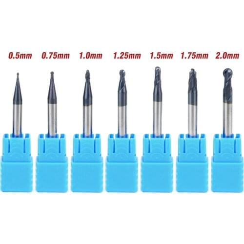 7Pcs Tungsten Carbide End Mill 2 Flutes Router Bit Ball Nose Engraving CNC Radius 0.5-2.0MM End Mill Set for Milling Cutter Set