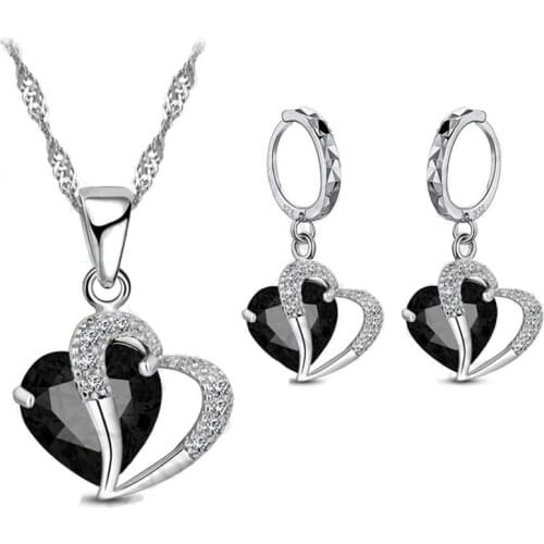 Silver Crystal Bridal Wedding Jewelry Sets For Women Cubic Zirconia Heart Pendants Necklace And Earrings Set Bijoux